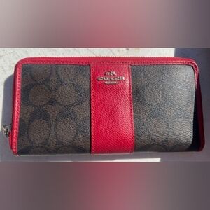 Coach Signature Canvas Wallet with Red Leather Trim